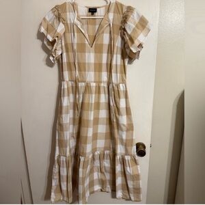 Who What Wear Tan and White Checkered Midi Dress